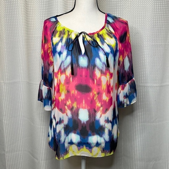 Milly for Design Nation Peasant Top Tie Dye Sheer Tassel Tie Ruffle Sleeves XS - Picture 2 of 11